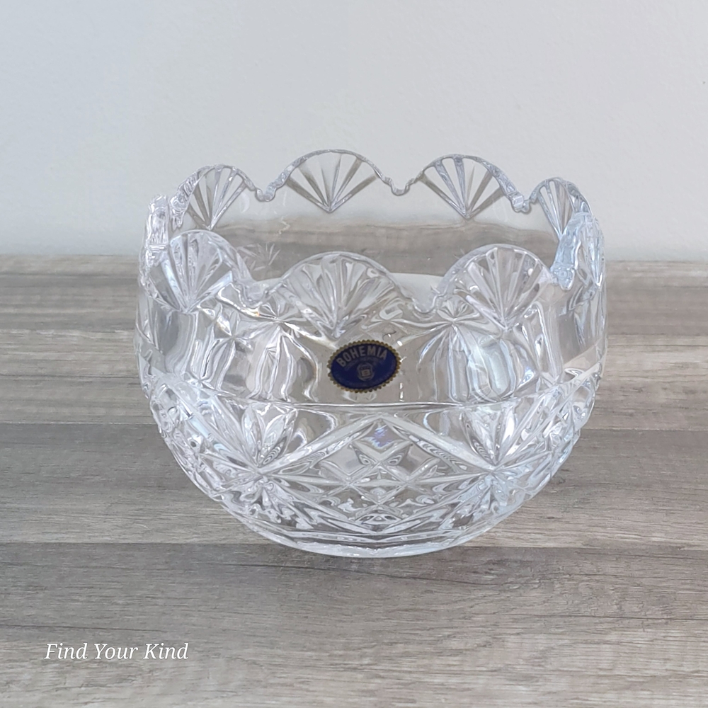 Bohemia Czech Republic Cut Lead Crystal Bowl vintage cut etched stars scalloped